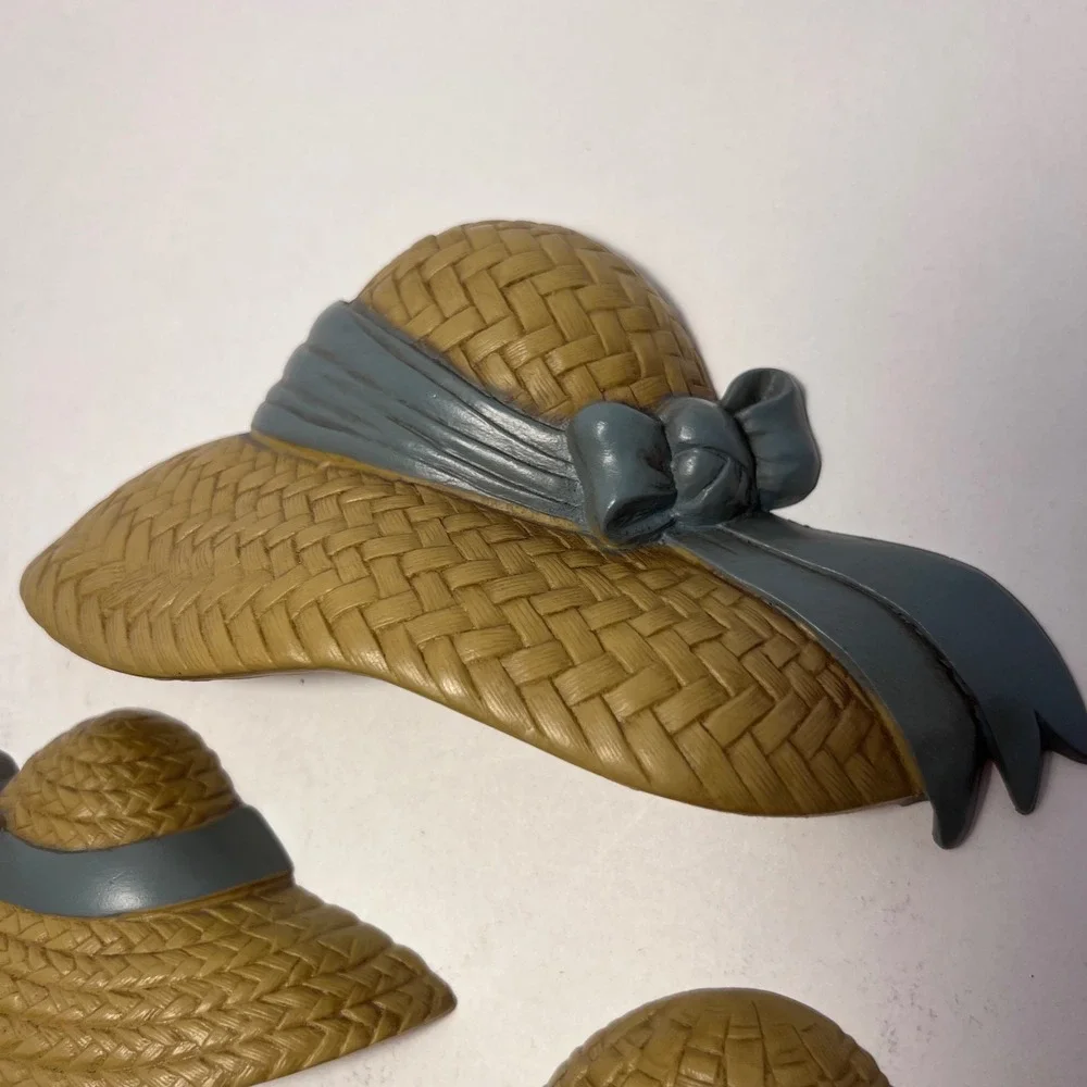 Vintage Burwood Products 1987 Sun Hat Wall Hanging Set 3pc Blue Ribbon 2803-3C